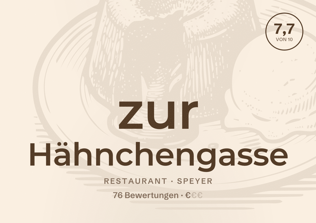 Illustriertes Poster von zur Hähnchengasse, Restaurant in Speyer: Bewertung 7,7 von 10 aus 76 Bewertungen, Preisniveau €