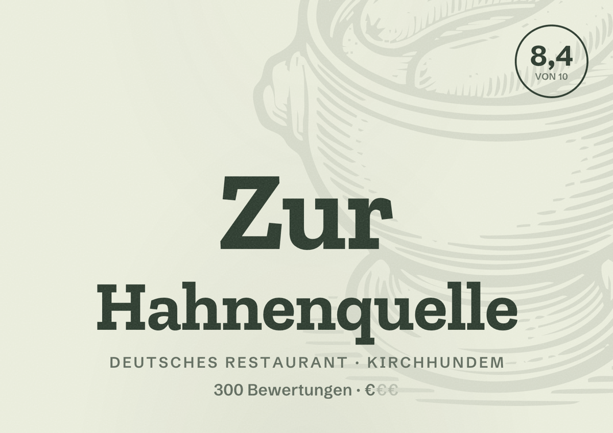 Illustriertes Poster von Zur Hahnenquelle, Deutsches Restaurant in Kirchhundem: Bewertung 8,4 von 10 aus 300 Bewertungen, Preisniveau €