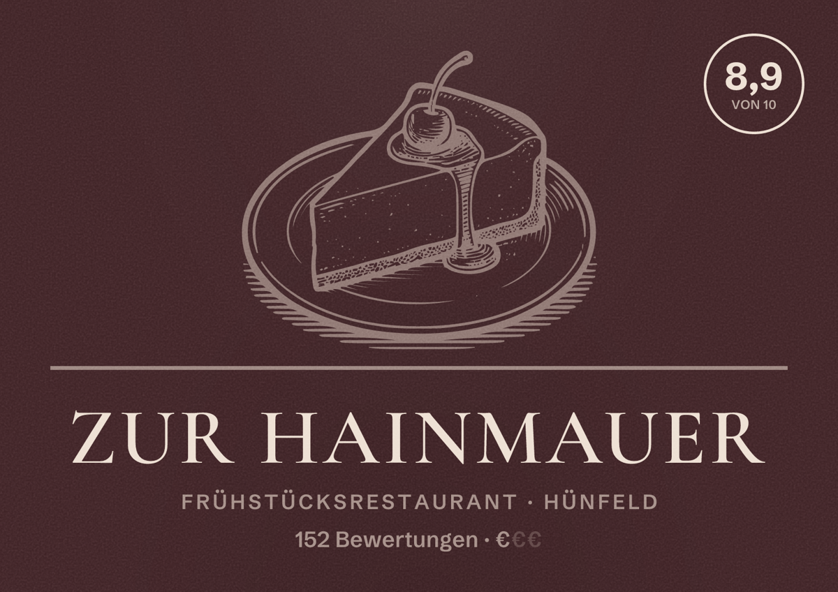 Illustriertes Poster von Zur Hainmauer, Frühstücksrestaurant in Hünfeld: Bewertung 8,9 von 10 aus 152 Bewertungen, Preisniveau €