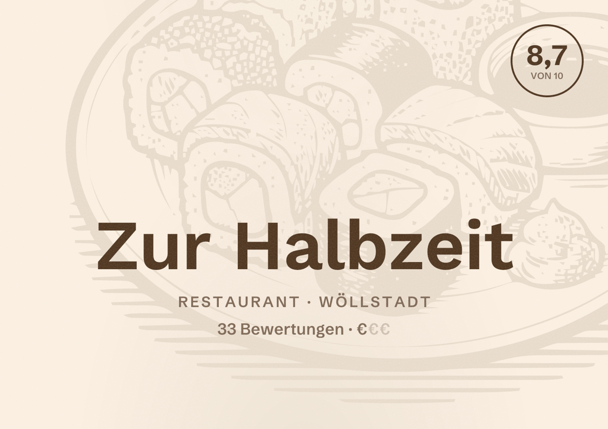 Illustriertes Poster von Zur Halbzeit, Restaurant in Wöllstadt: Bewertung 8,7 von 10 aus 33 Bewertungen, Preisniveau €