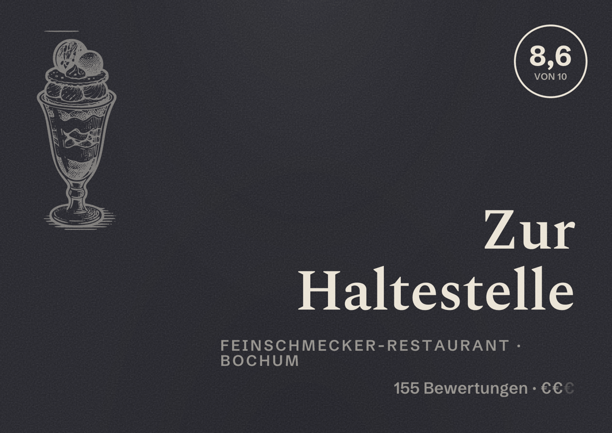 Illustriertes Poster von Zur Haltestelle, Feinschmecker-Restaurant in Bochum: Bewertung 8,6 von 10 aus 155 Bewertungen, Preisniveau €€