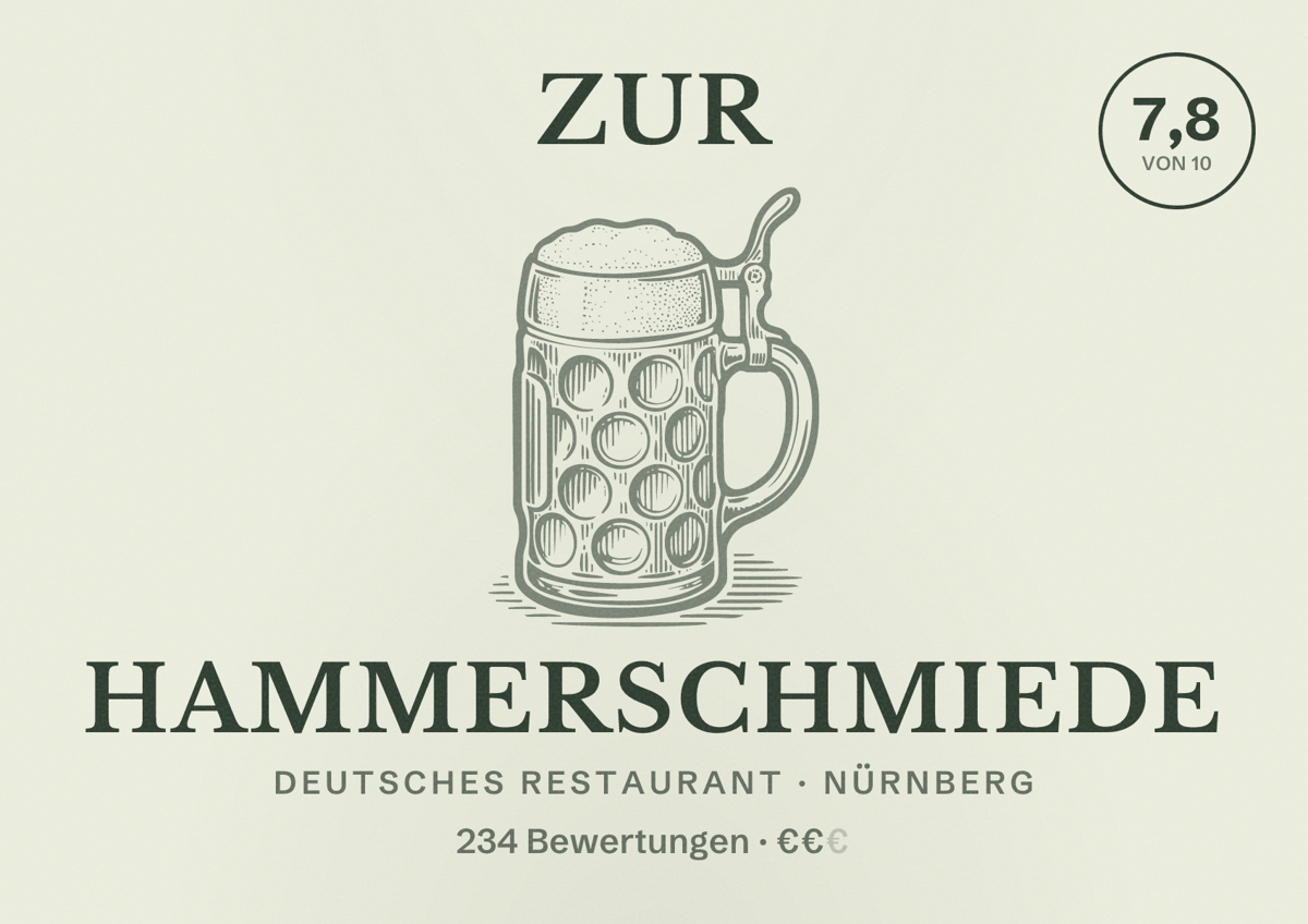 Illustriertes Poster von Zur Hammerschmiede, Deutsches Restaurant in Nürnberg: Bewertung 7,8 von 10 aus 234 Bewertungen, Preisniveau €€