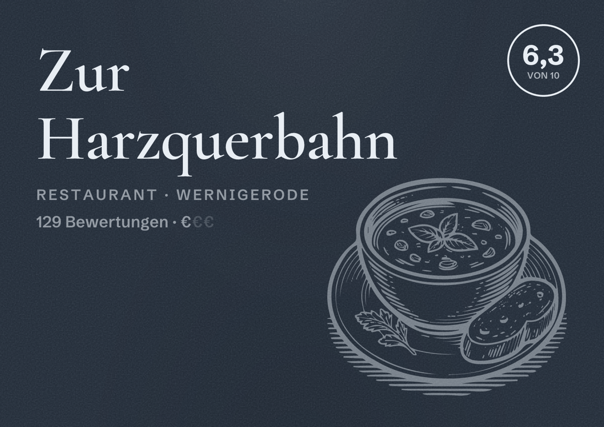 Illustriertes Poster von Zur Harzquerbahn, Restaurant in Wernigerode: Bewertung 6,3 von 10 aus 129 Bewertungen, Preisniveau €
