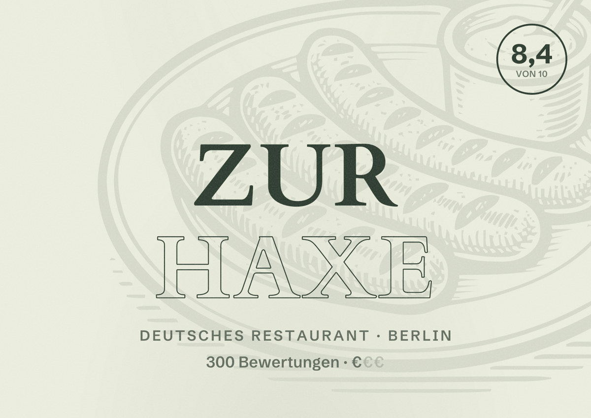 Illustriertes Poster von Zur Haxe, Deutsches Restaurant in Berlin: Bewertung 8,4 von 10 aus 300 Bewertungen, Preisniveau €