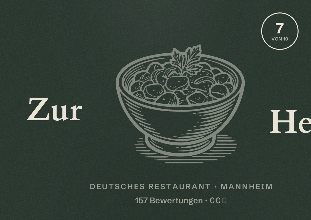 Illustriertes Poster von Zur Hexe, Deutsches Restaurant in Mannheim: Bewertung 7 von 10 aus 157 Bewertungen, Preisniveau €€