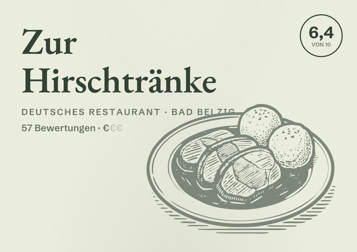 Illustriertes Poster von Zur Hirschtränke, Deutsches Restaurant in Bad Belzig: Bewertung 6,4 von 10 aus 57 Bewertungen, Preisniveau €