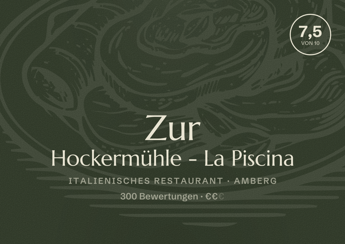Illustriertes Poster von Zur Hockermühle - La Piscina, Italienisches Restaurant in Amberg: Bewertung 7,5 von 10 aus 300 Bewertungen, Preisniveau €€