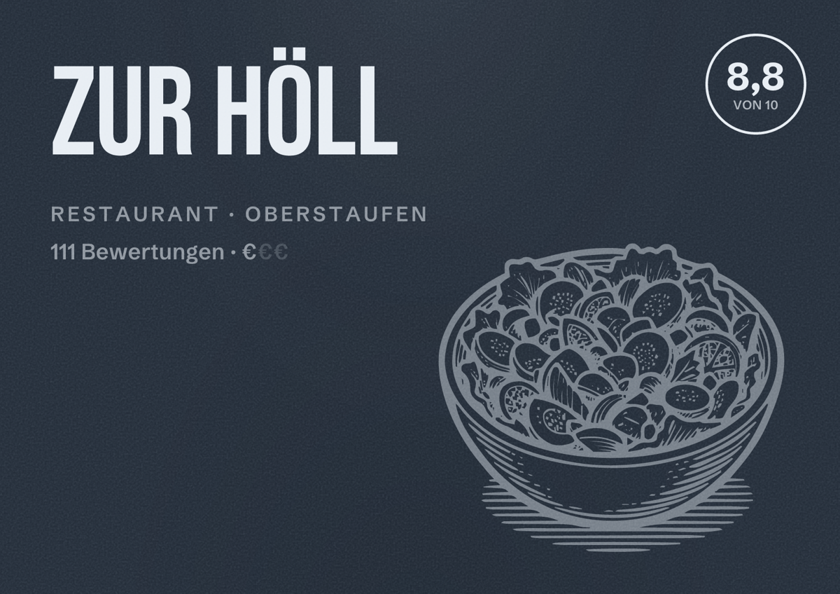 Illustriertes Poster von Zur Höll, Restaurant in Oberstaufen: Bewertung 8,8 von 10 aus 111 Bewertungen, Preisniveau €
