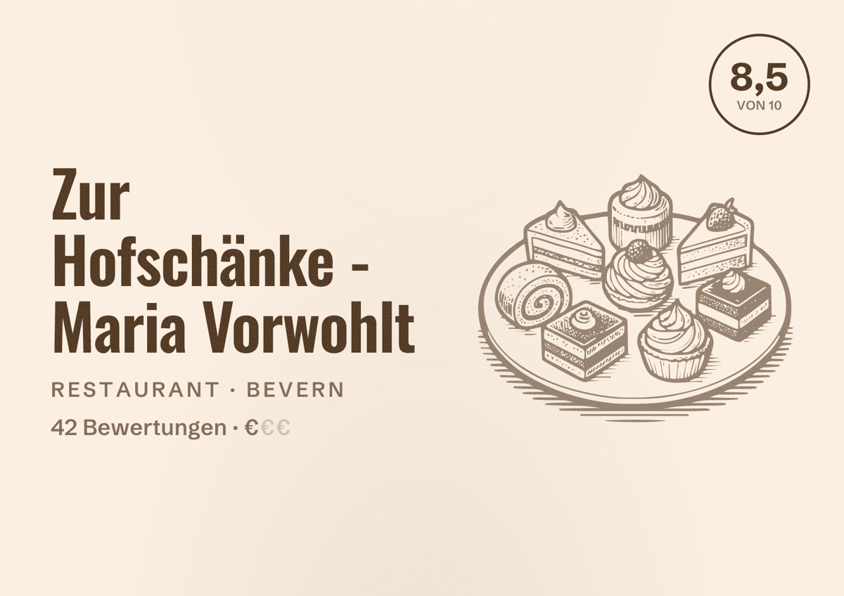 Illustriertes Poster von Zur Hofschänke - Maria Vorwohlt, Restaurant in Bevern: Bewertung 8,5 von 10 aus 42 Bewertungen, Preisniveau €