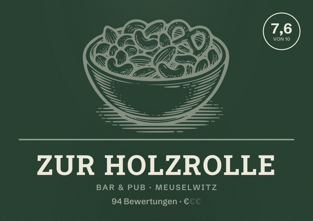 Illustriertes Poster von Zur Holzrolle, Bar & Pub in Meuselwitz: Bewertung 7,6 von 10 aus 94 Bewertungen, Preisniveau €