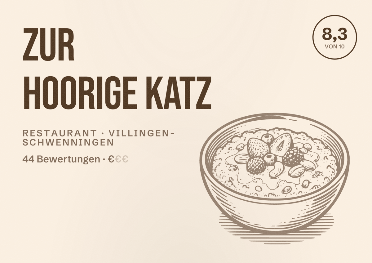 Illustriertes Poster von Zur hoorige Katz, Restaurant in Villingen-Schwenningen: Bewertung 8,3 von 10 aus 44 Bewertungen, Preisniveau €