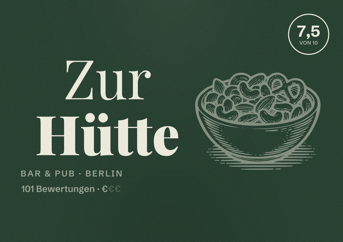 Illustriertes Poster von Zur Hütte, Bar & Pub in Berlin: Bewertung 7,5 von 10 aus 101 Bewertungen, Preisniveau €