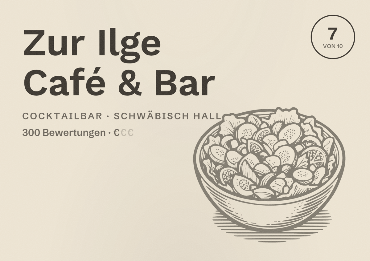 Illustriertes Poster von Zur Ilge Café & Bar, Cocktailbar in Schwäbisch Hall: Bewertung 7 von 10 aus 300 Bewertungen, Preisniveau €