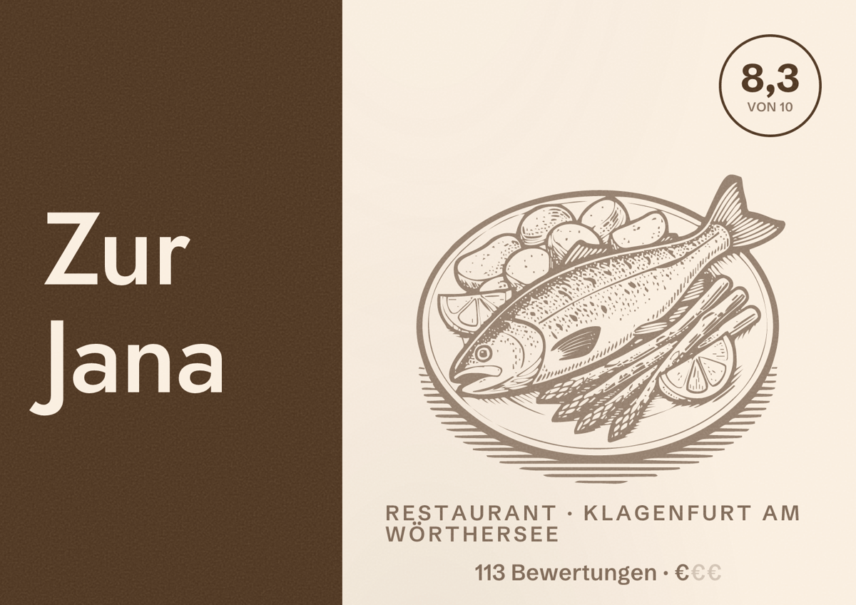Illustriertes Poster von Zur Jana, Restaurant in Klagenfurt am Wörthersee: Bewertung 8,3 von 10 aus 113 Bewertungen, Preisniveau €