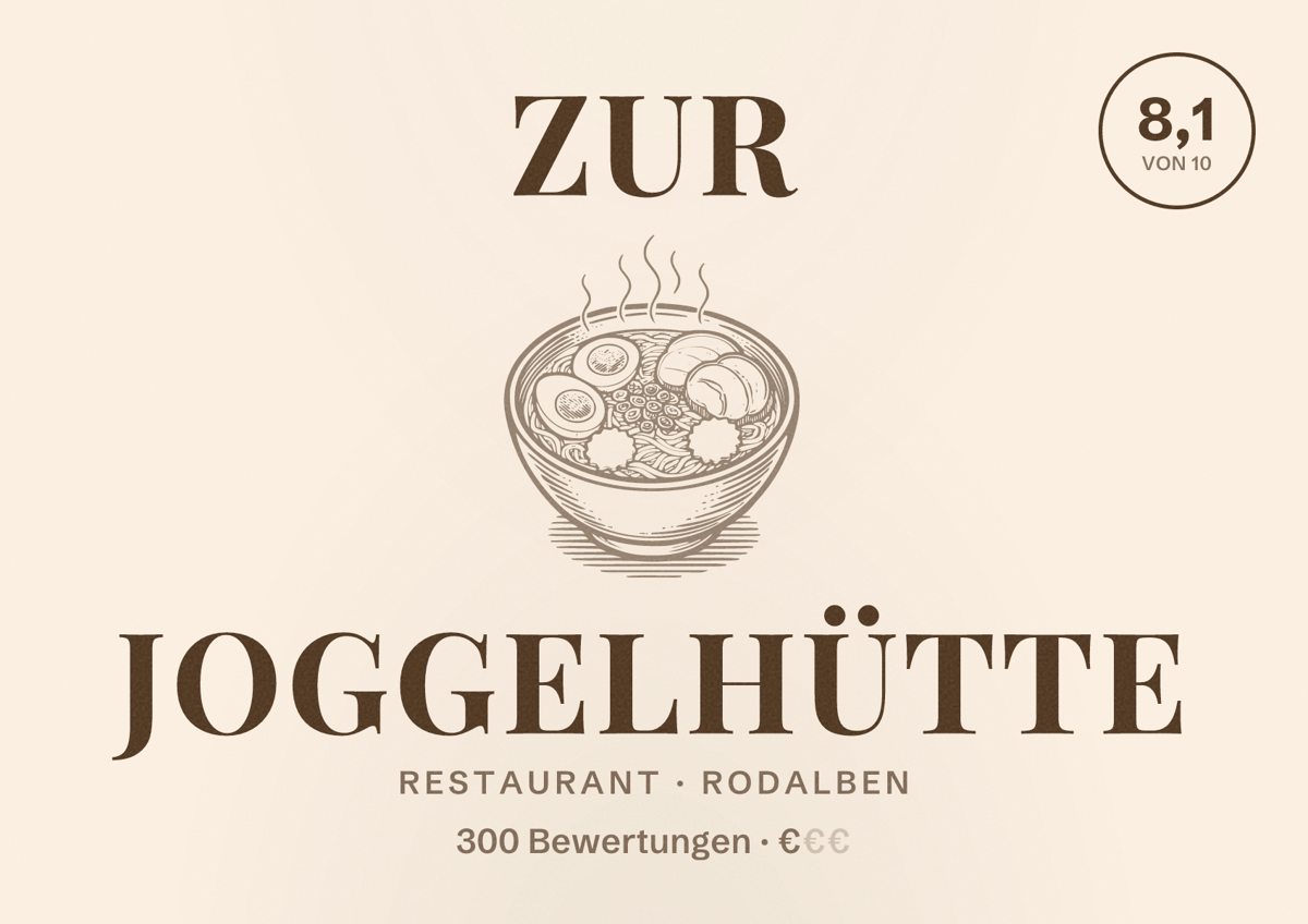 Illustriertes Poster von Zur Joggelhütte, Restaurant in Rodalben: Bewertung 8,1 von 10 aus 300 Bewertungen, Preisniveau €