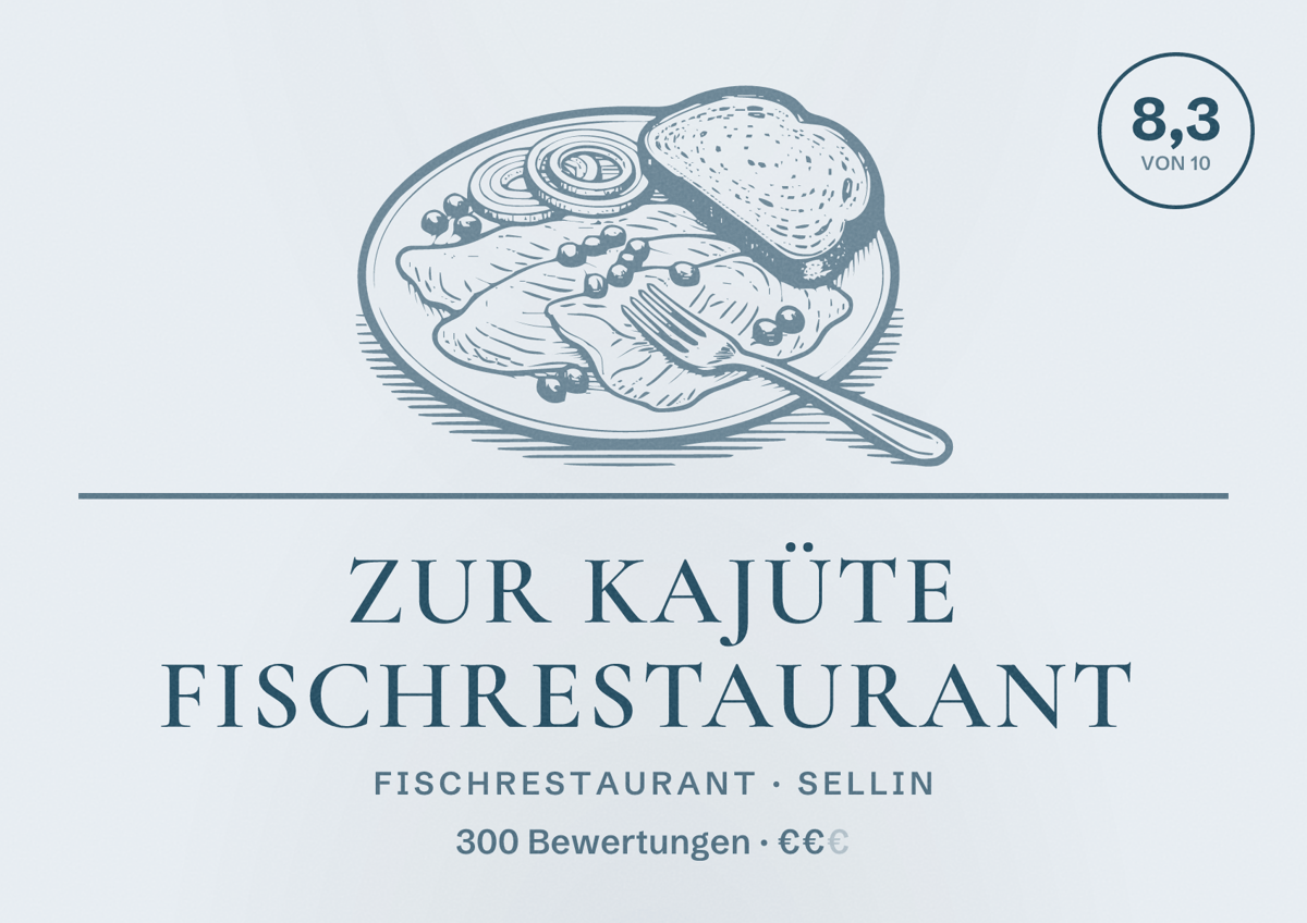 Illustriertes Poster von Zur Kajüte Fischrestaurant, Fischrestaurant in Sellin: Bewertung 8,3 von 10 aus 300 Bewertungen, Preisniveau €€