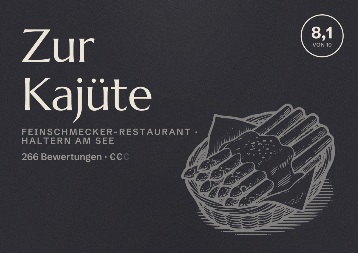 Illustriertes Poster von Zur Kajüte, Feinschmecker-Restaurant in Haltern am See: Bewertung 8,1 von 10 aus 266 Bewertungen, Preisniveau €€