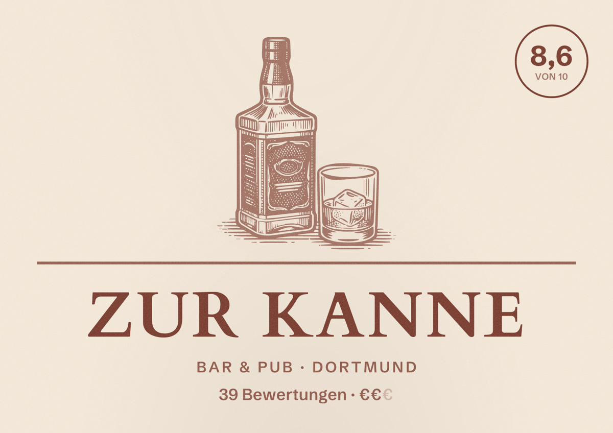 Illustriertes Poster von Zur Kanne, Bar & Pub in Dortmund: Gästebewertung 8,6 von 10 aus 39 Bewertungen