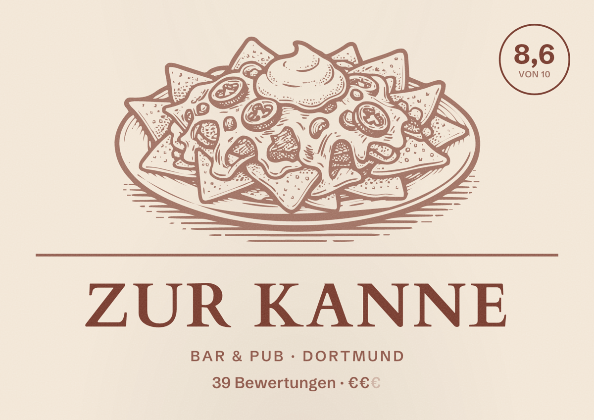 Illustriertes Poster von Zur Kanne, Bar & Pub in Dortmund: Bewertung 8,6 von 10 aus 39 Bewertungen, Preisniveau €€