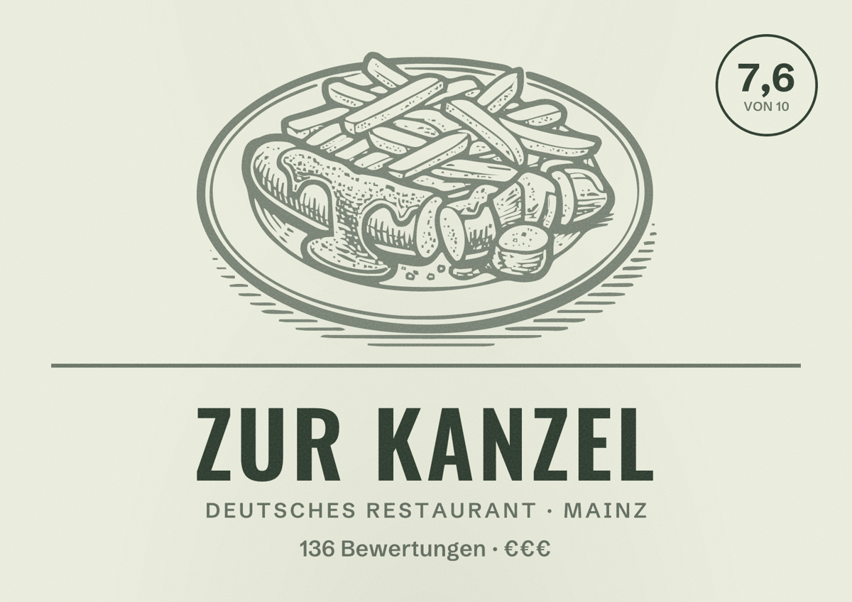 Illustriertes Poster von Zur Kanzel, Deutsches Restaurant in Mainz: Bewertung 7,6 von 10 aus 136 Bewertungen, Preisniveau €€€