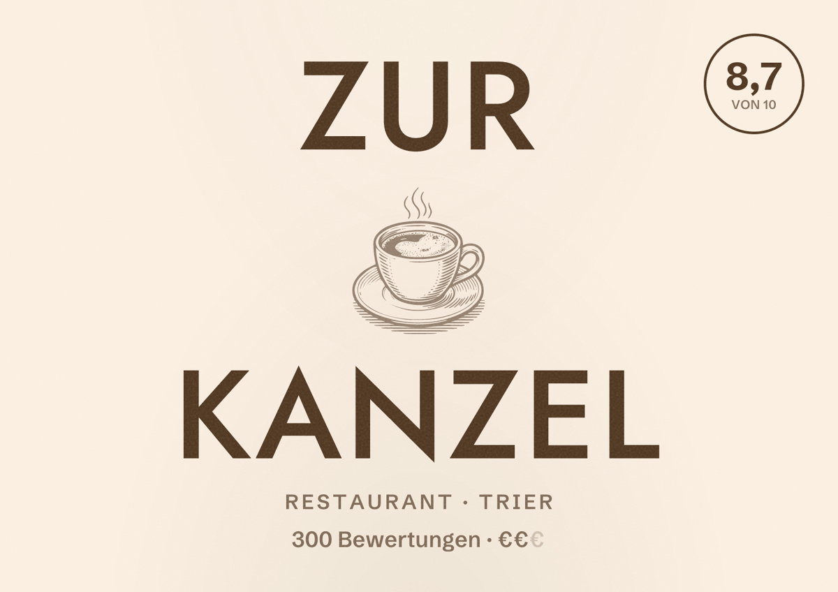 Illustriertes Poster von Zur Kanzel, Restaurant in Trier: Bewertung 8,7 von 10 aus 300 Bewertungen, Preisniveau €€