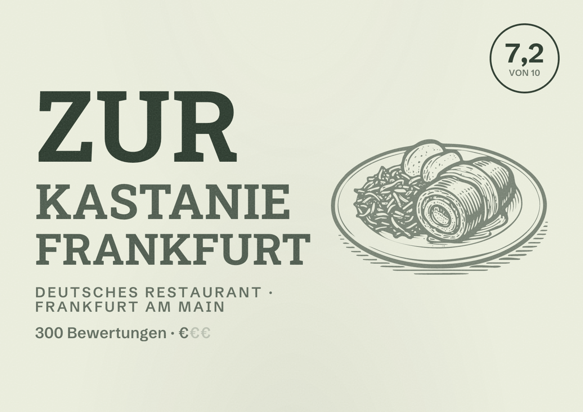 Illustriertes Poster von Zur Kastanie Frankfurt, Deutsches Restaurant in Frankfurt am Main: Bewertung 7,2 von 10 aus 300 Bewertungen, Preisniveau €