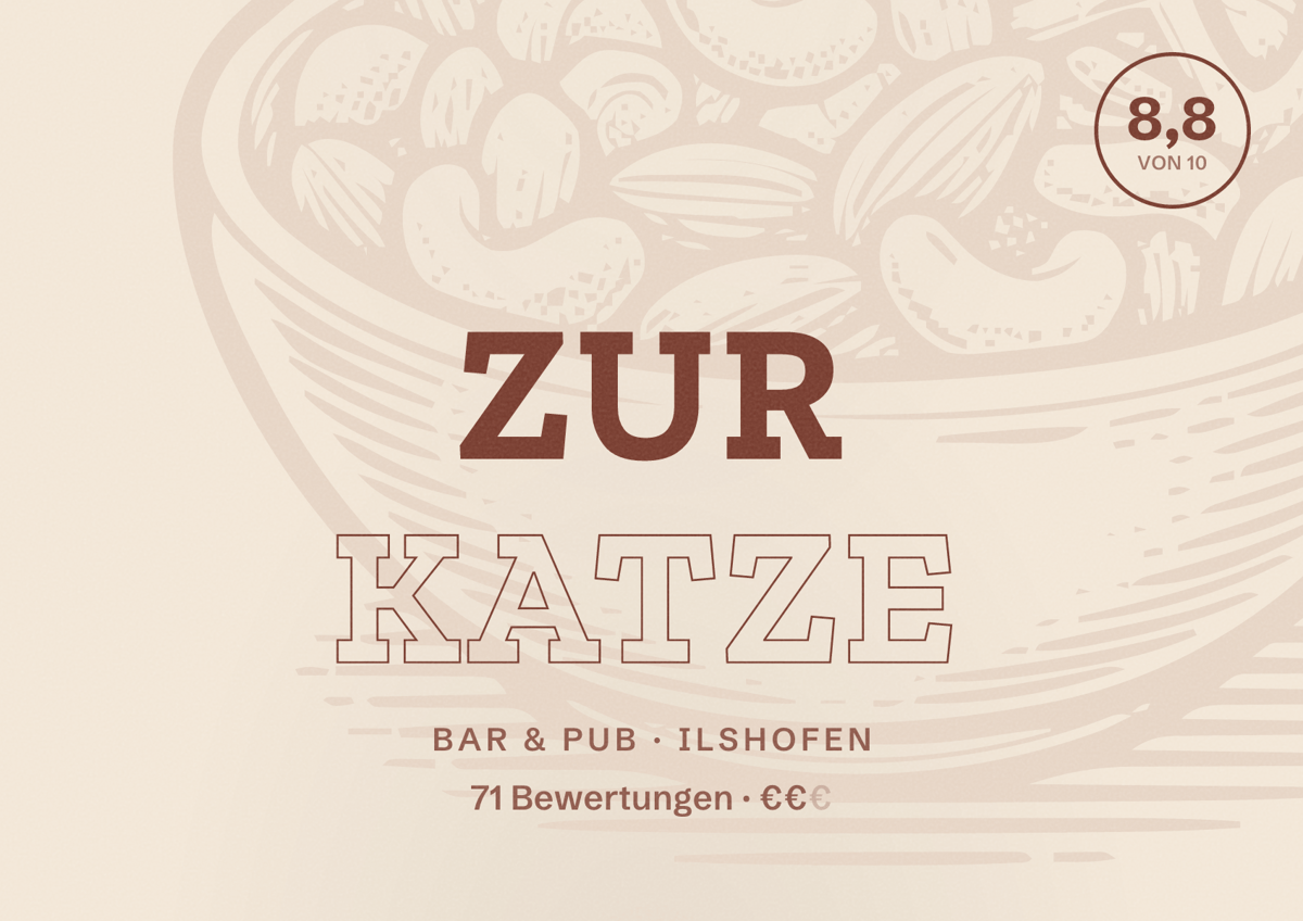 Illustriertes Poster von Zur Katze, Bar & Pub in Ilshofen: Bewertung 8,8 von 10 aus 71 Bewertungen, Preisniveau €€
