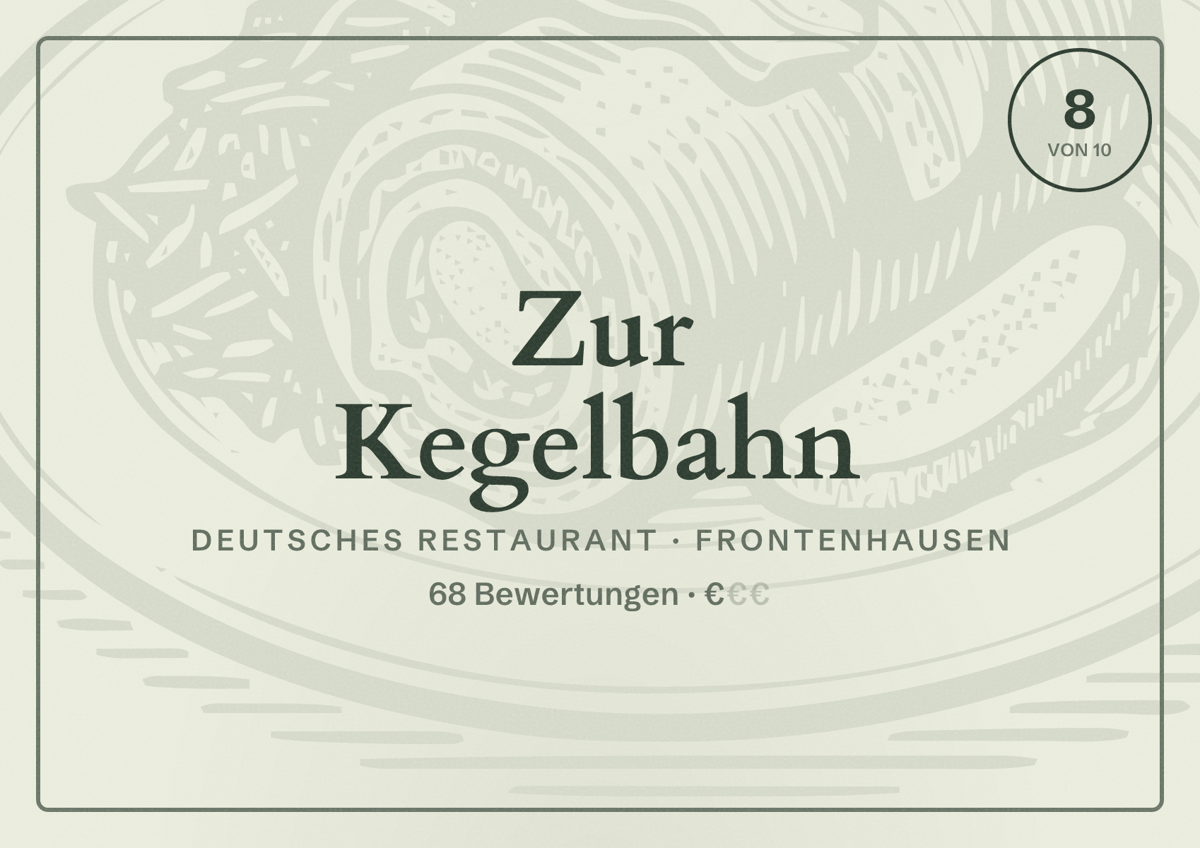 Illustriertes Poster von Zur Kegelbahn, Deutsches Restaurant in Frontenhausen: Bewertung 8 von 10 aus 68 Bewertungen, Preisniveau €