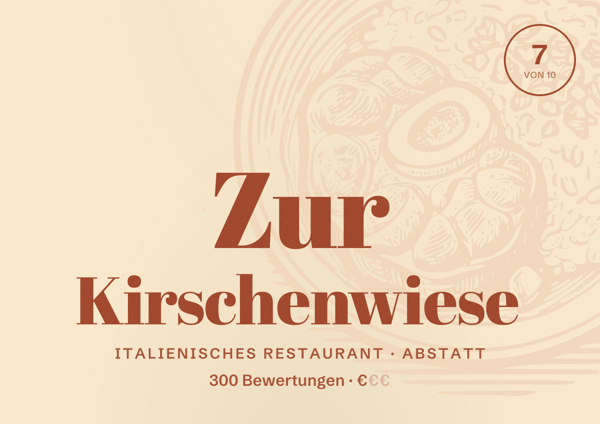 Illustriertes Poster von Zur Kirschenwiese, Italienisches Restaurant in Abstatt: Bewertung 7 von 10 aus 300 Bewertungen, Preisniveau €