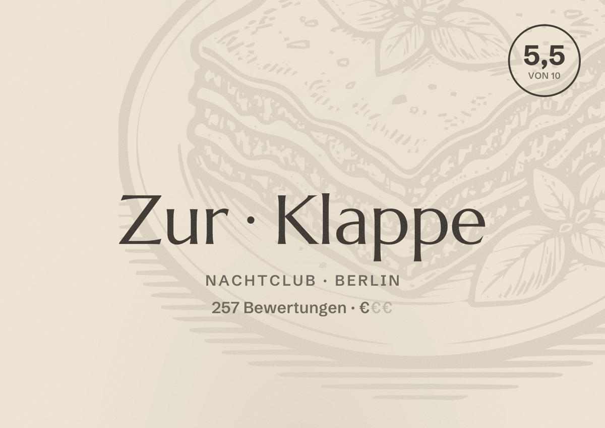 Illustriertes Poster von Zur Klappe, Nachtclub in Berlin: Bewertung 5,5 von 10 aus 257 Bewertungen, Preisniveau €