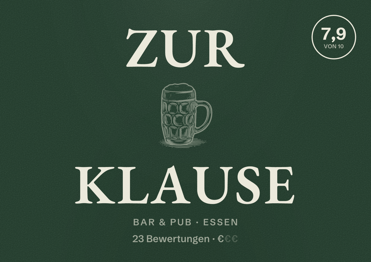 Illustriertes Poster von Zur Klause, Bar & Pub in Essen: Bewertung 7,9 von 10 aus 23 Bewertungen, Preisniveau €