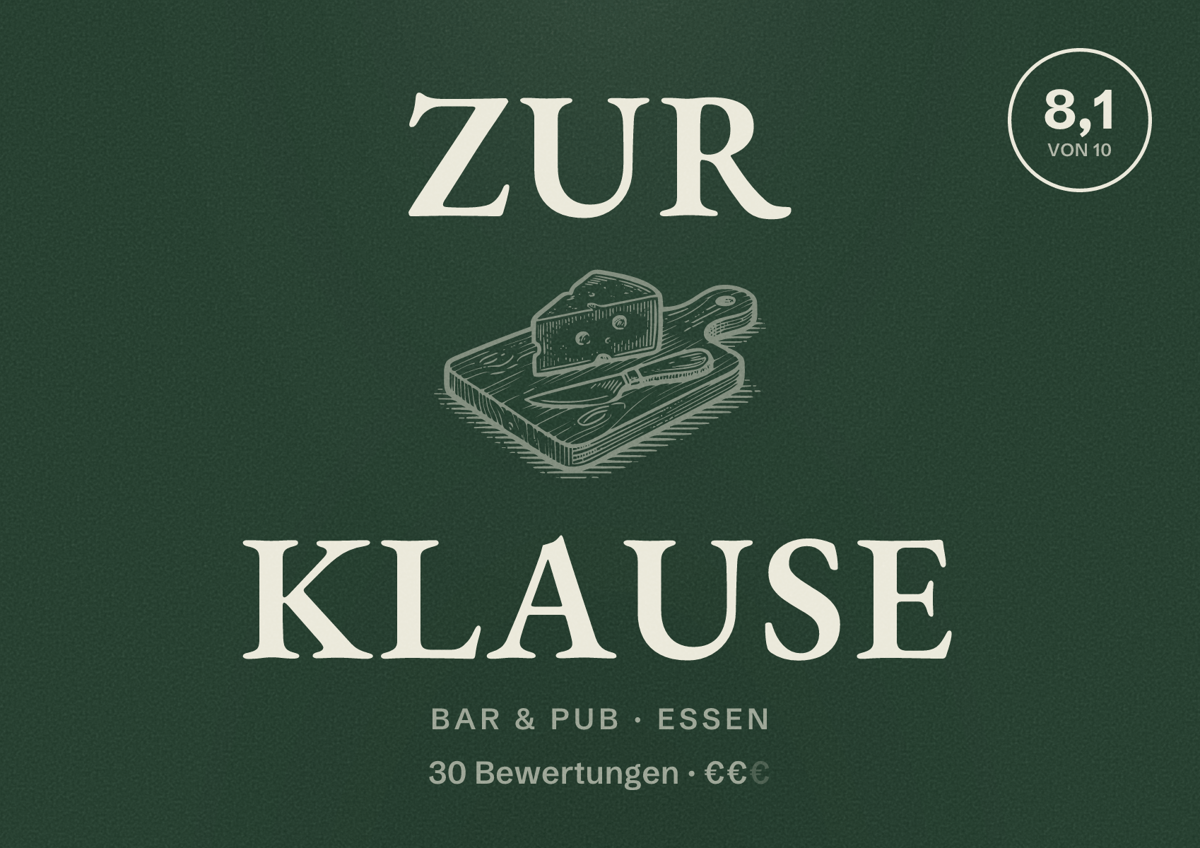Illustriertes Poster von Zur Klause, Bar & Pub in Essen: Bewertung 8,1 von 10 aus 30 Bewertungen, Preisniveau €€