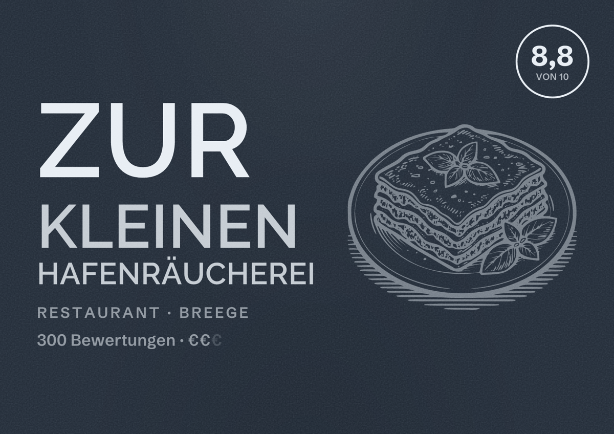 Illustriertes Poster von Zur kleinen Hafenräucherei, Restaurant in Breege: Bewertung 8,8 von 10 aus 300 Bewertungen, Preisniveau €€