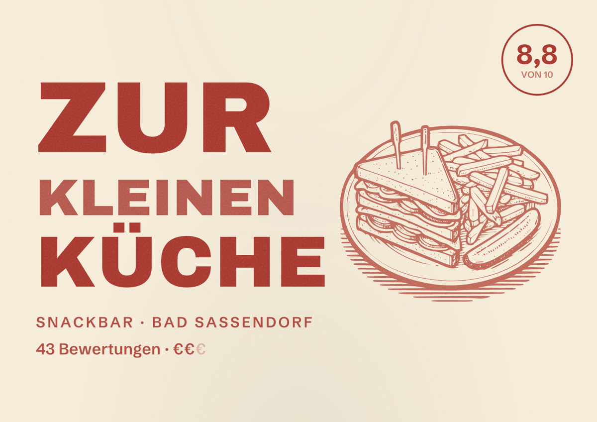 Illustriertes Poster von Zur kleinen Küche, Snackbar in Bad Sassendorf: Bewertung 8,8 von 10 aus 43 Bewertungen, Preisniveau €€