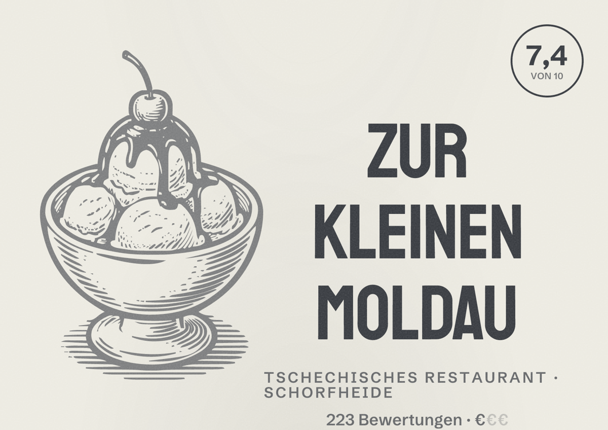 Illustriertes Poster von Zur Kleinen Moldau, Tschechisches Restaurant in Schorfheide: Bewertung 7,4 von 10 aus 223 Bewertungen, Preisniveau €