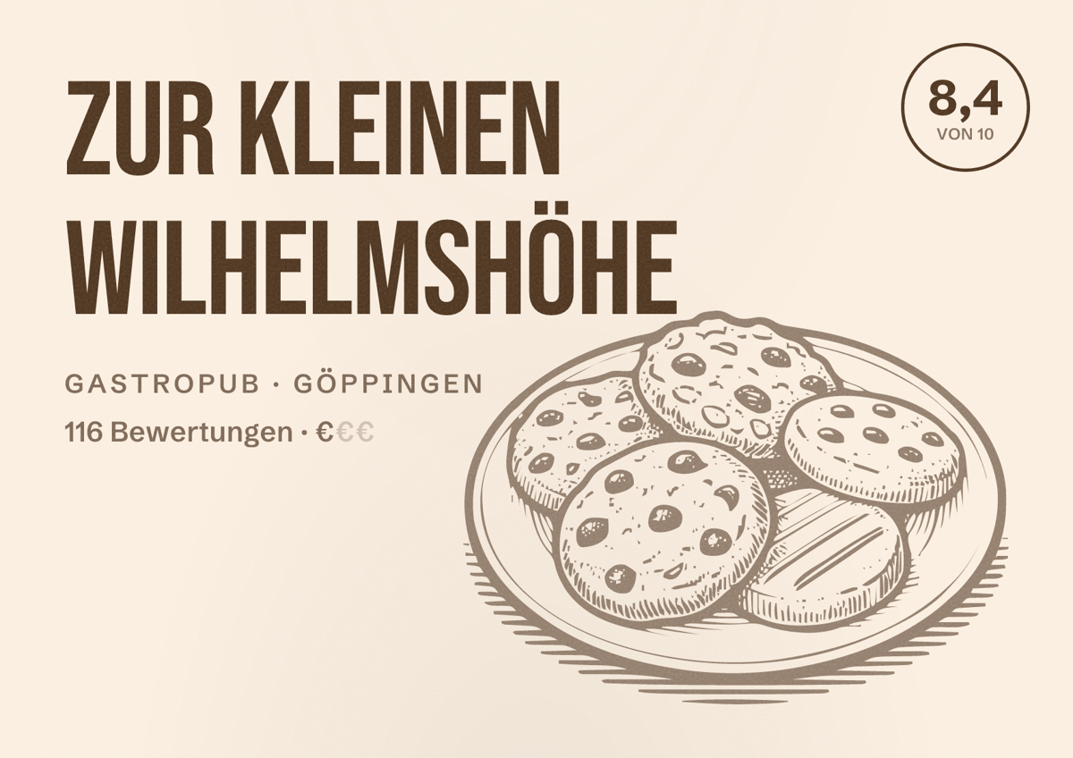 Illustriertes Poster von Zur kleinen Wilhelmshöhe, Gastropub in Göppingen: Bewertung 8,4 von 10 aus 116 Bewertungen, Preisniveau €