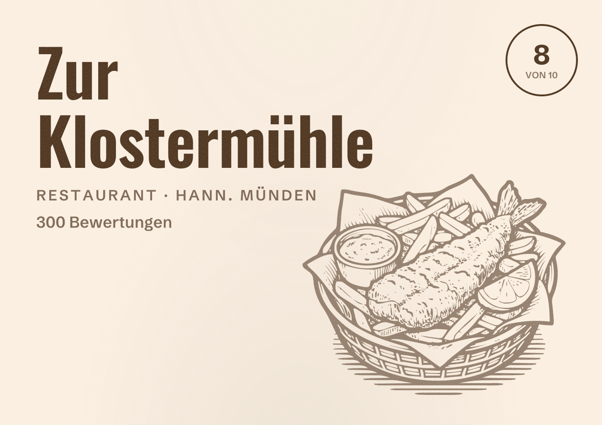 Illustriertes Poster von Zur Klostermühle, Restaurant in Hann. Münden: Bewertung 8 von 10 aus 300 Bewertungen