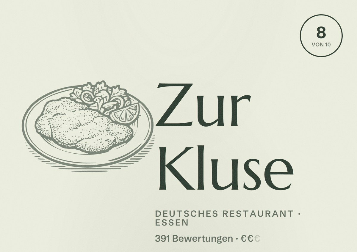 Illustriertes Poster von Zur Kluse, Deutsches Restaurant in Essen: Bewertung 8 von 10 aus 391 Bewertungen, Preisniveau €€