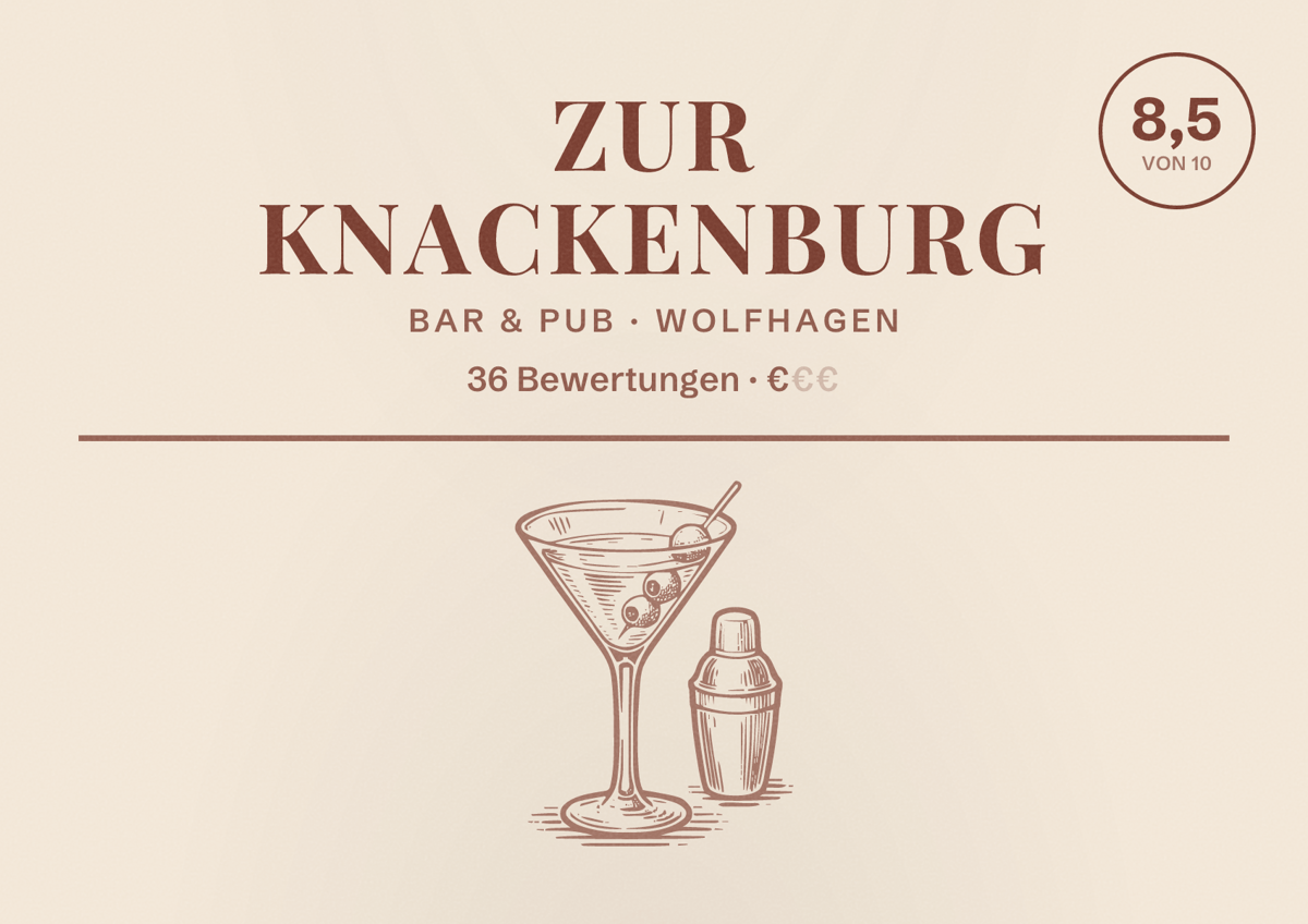 Illustriertes Poster von Zur Knackenburg, Bar & Pub in Wolfhagen: Bewertung 8,5 von 10 aus 36 Bewertungen, Preisniveau €
