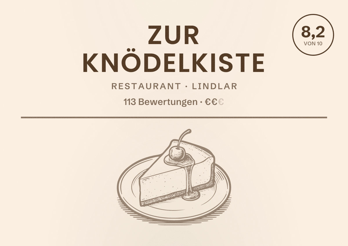 Illustriertes Poster von Zur Knödelkiste, Restaurant in Lindlar: Bewertung 8,2 von 10 aus 113 Bewertungen, Preisniveau €€