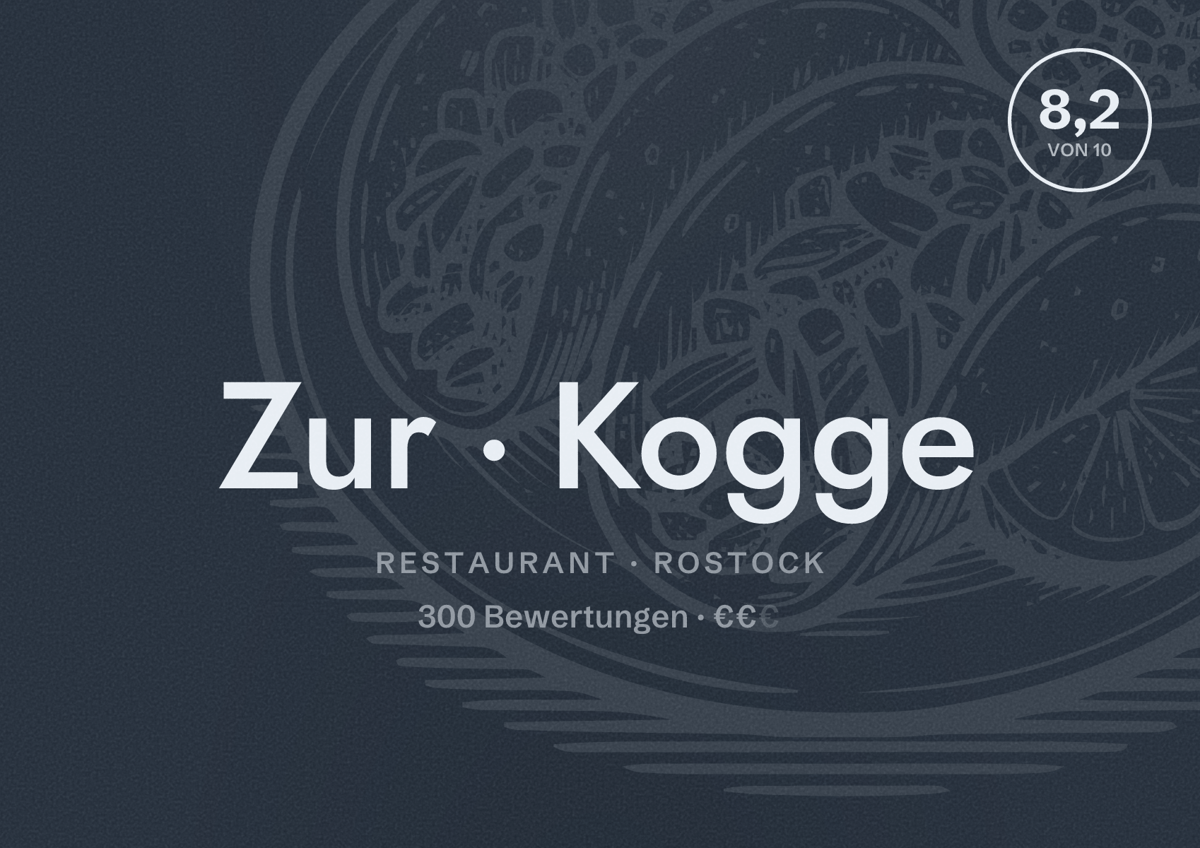 Illustriertes Poster von Zur Kogge, Restaurant in Rostock: Bewertung 8,2 von 10 aus 300 Bewertungen, Preisniveau €€