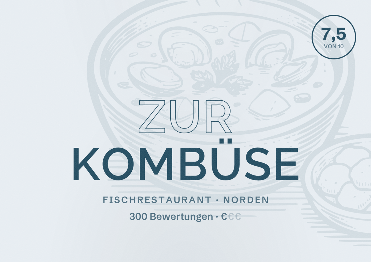 Illustriertes Poster von Zur Kombüse, Fischrestaurant in Norden: Bewertung 7,5 von 10 aus 300 Bewertungen, Preisniveau €