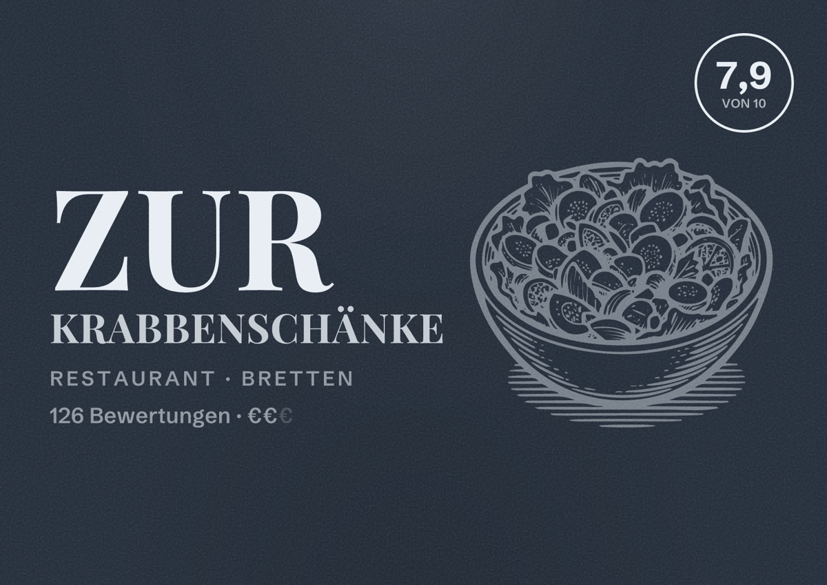 Illustriertes Poster von Zur Krabbenschänke, Restaurant in Bretten: Bewertung 7,9 von 10 aus 126 Bewertungen, Preisniveau €€