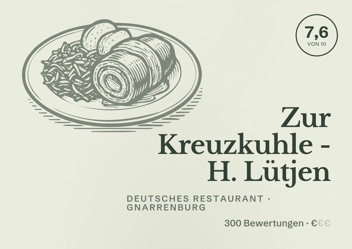 Illustriertes Poster von Zur Kreuzkuhle - H. Lütjen, Deutsches Restaurant in Gnarrenburg: Bewertung 7,6 von 10 aus 300 Bewertungen, Preisniveau €