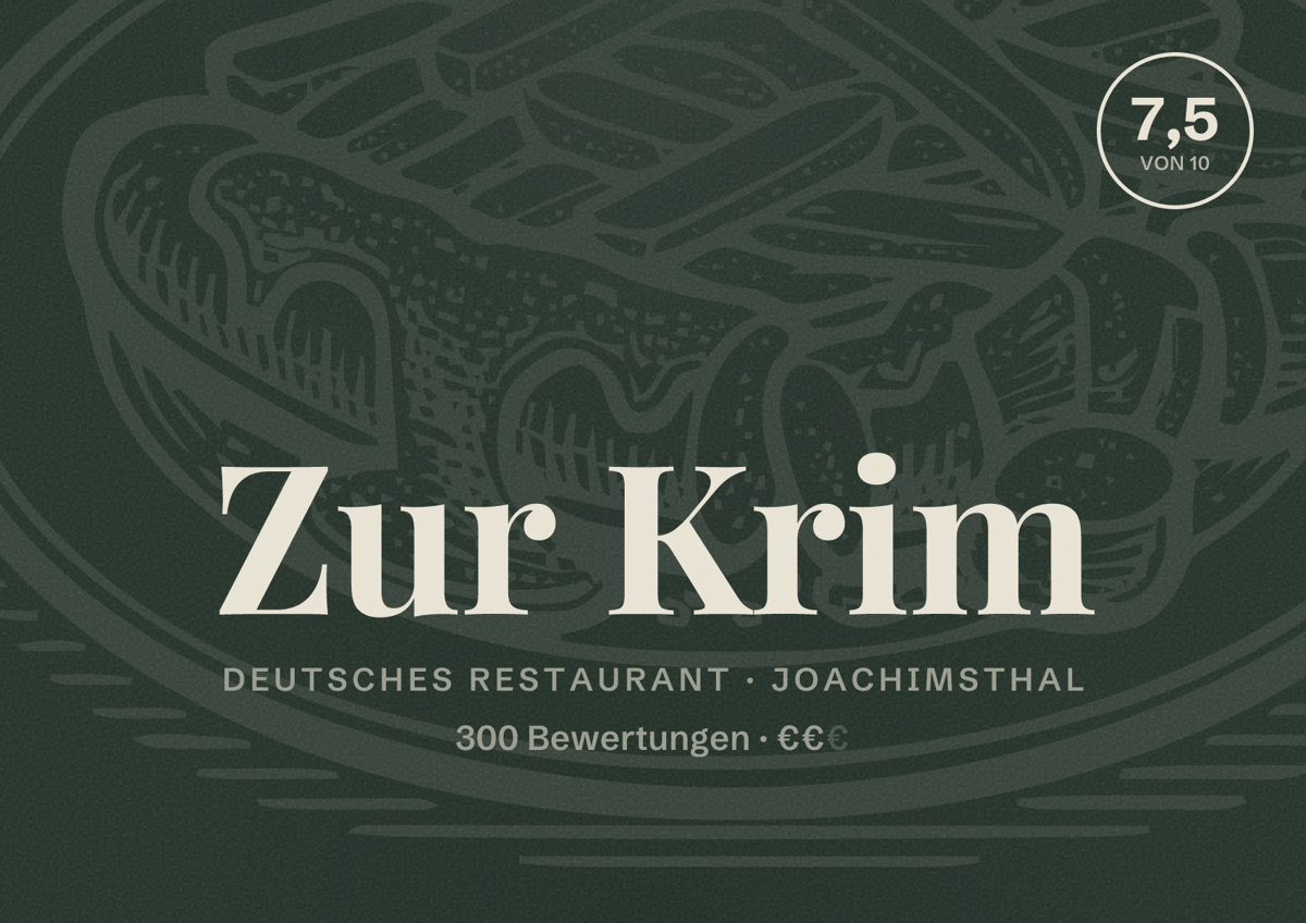 Illustriertes Poster von Zur Krim, Deutsches Restaurant in Joachimsthal: Bewertung 7,5 von 10 aus 300 Bewertungen, Preisniveau €€