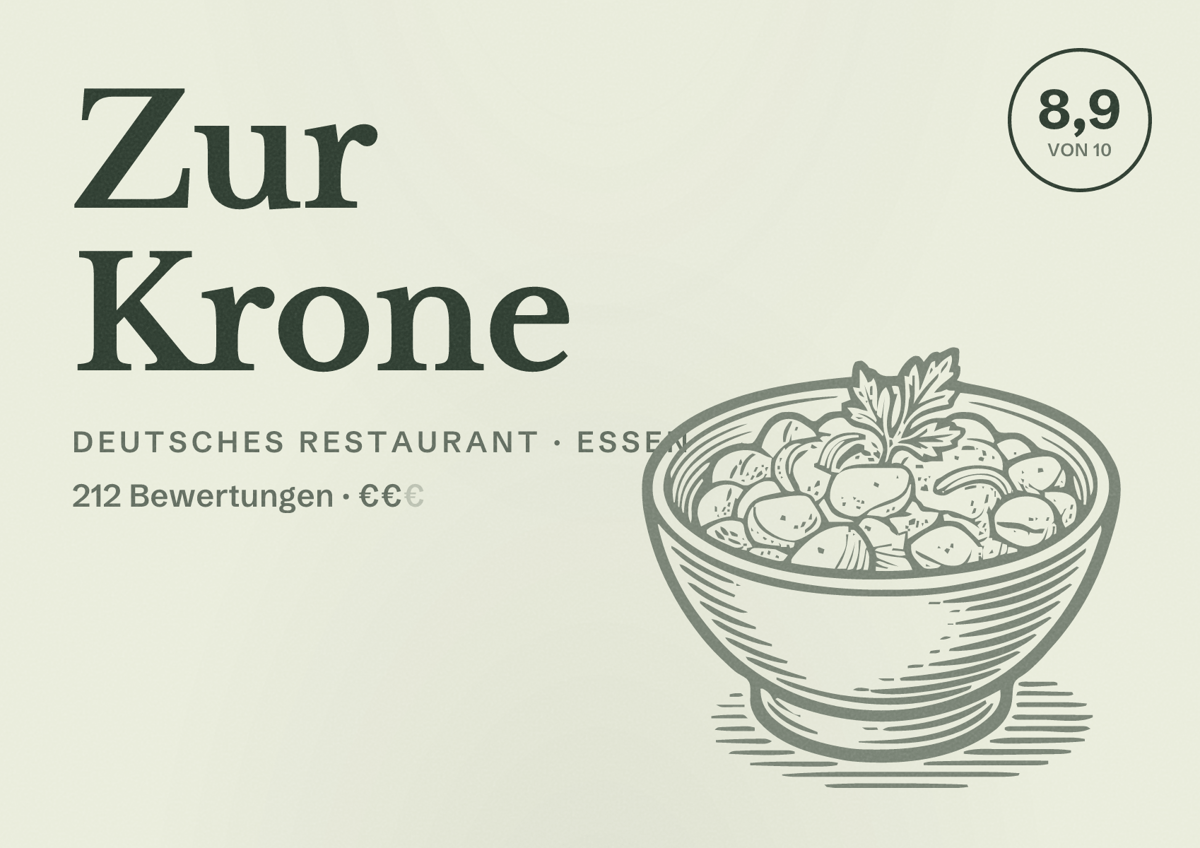 Illustriertes Poster von Zur Krone, Deutsches Restaurant in Essen: Bewertung 8,9 von 10 aus 212 Bewertungen, Preisniveau €€