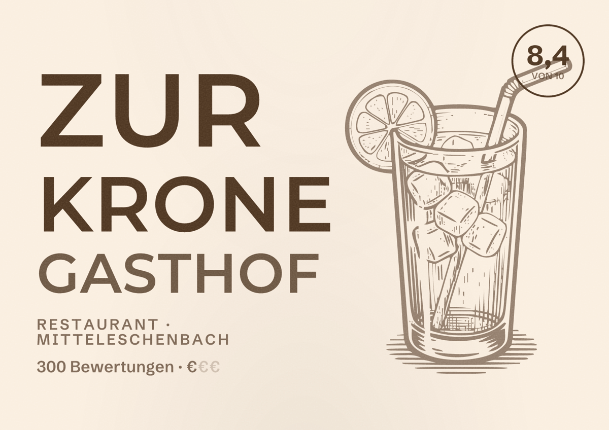 Illustriertes Poster von Zur Krone Gasthof, Restaurant in Mitteleschenbach: Bewertung 8,4 von 10 aus 300 Bewertungen, Preisniveau €