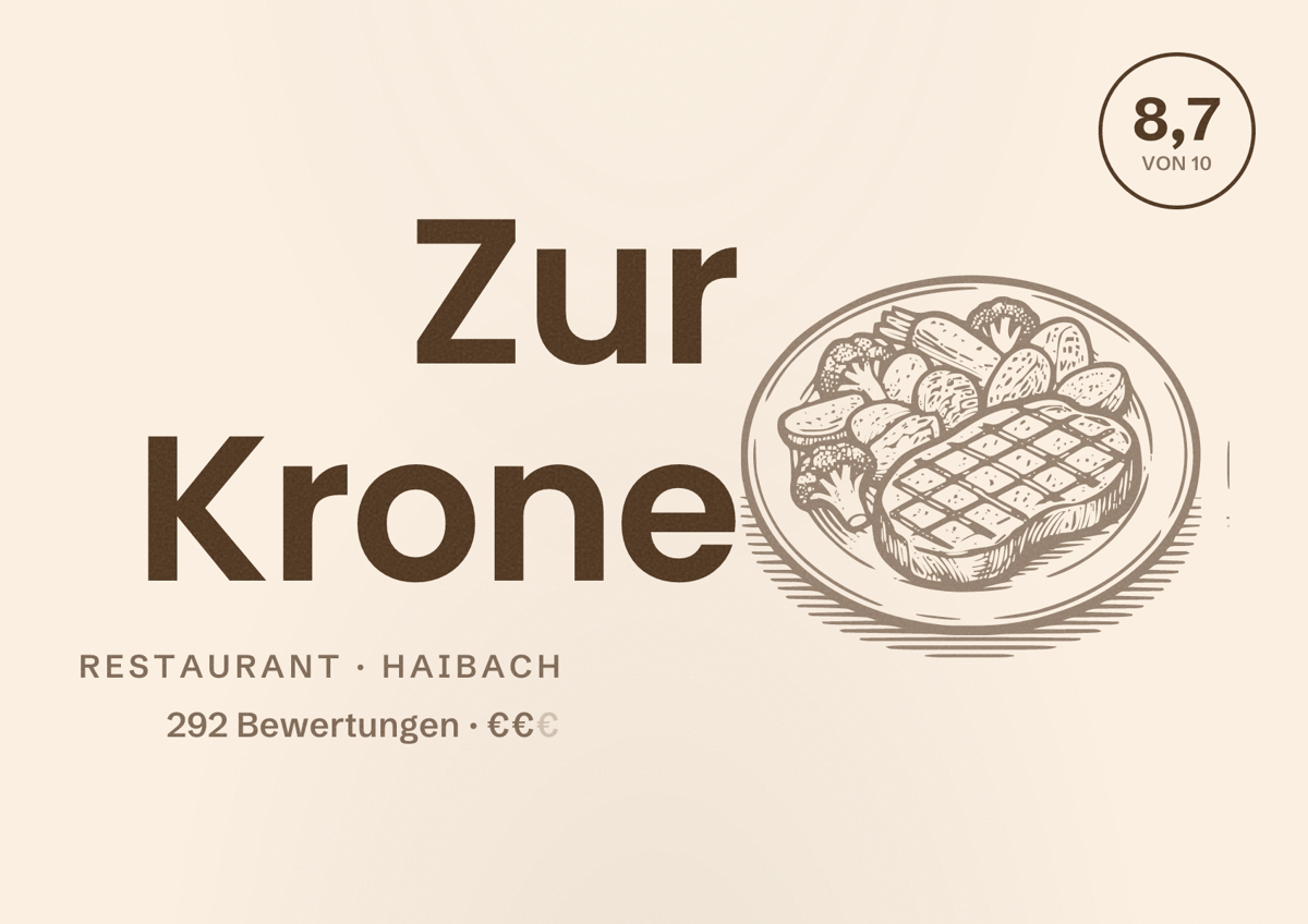 Illustriertes Poster von Zur Krone, Restaurant in Haibach: Bewertung 8,7 von 10 aus 292 Bewertungen, Preisniveau €€