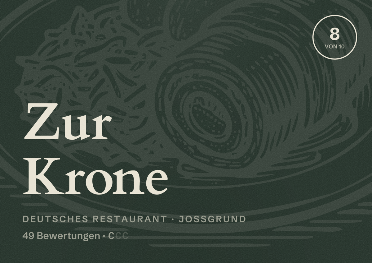 Illustriertes Poster von Zur Krone, Deutsches Restaurant in Jossgrund: Bewertung 8 von 10 aus 49 Bewertungen, Preisniveau €