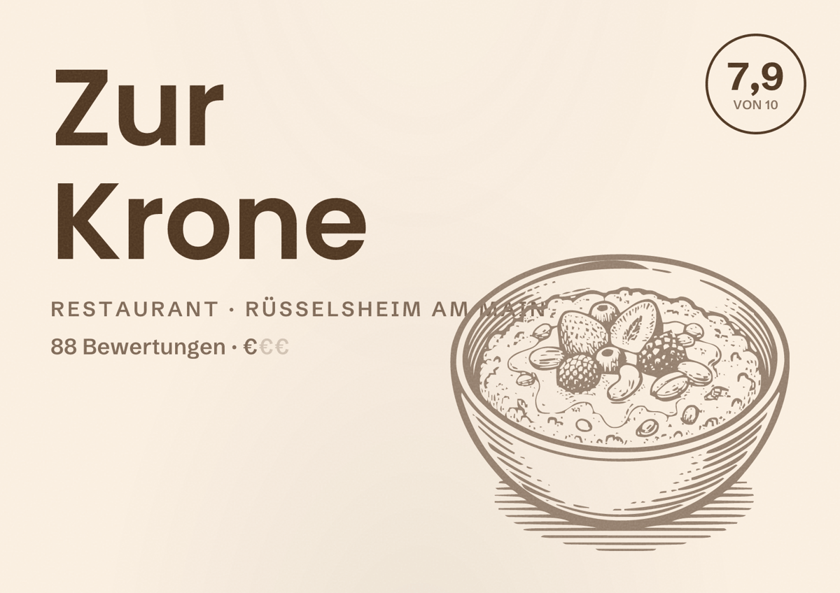 Illustriertes Poster von Zur Krone, Restaurant in Rüsselsheim am Main: Bewertung 7,9 von 10 aus 88 Bewertungen, Preisniveau €